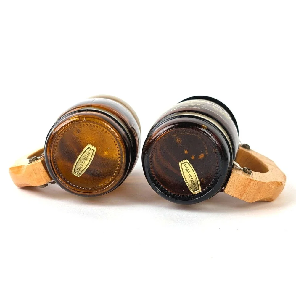 Vintage Minnesota Souvenir Salt Pepper Shakers Amber Glass Barrel Fish Wood Set